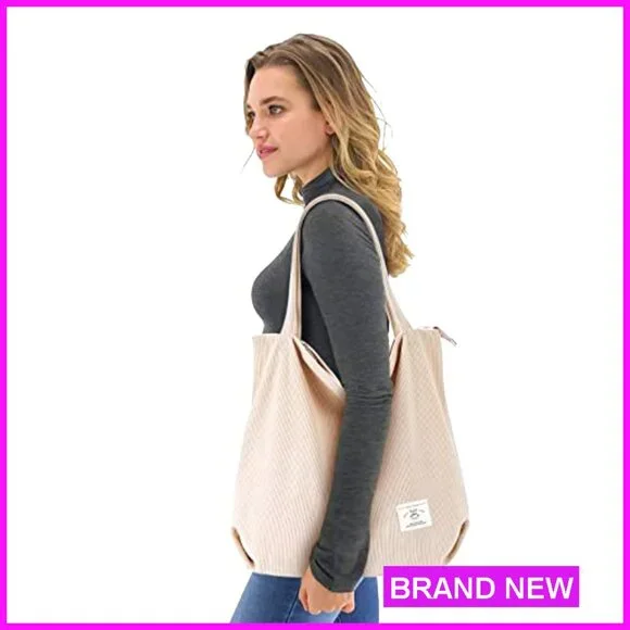 Corduroy Tote Bag Zipper Casual Large Capacity Shoulder Bag with Pockets - Picture 2 of 7